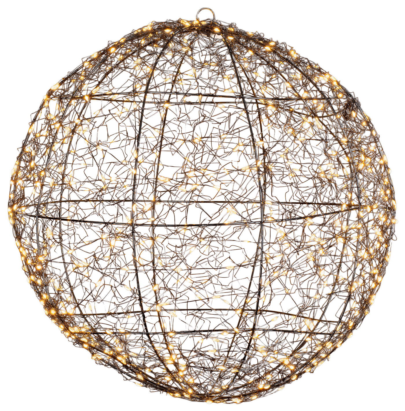 Kugel aus schwarzem Draht mit warmweißen Micro-LEDs, seitliche Perspektive