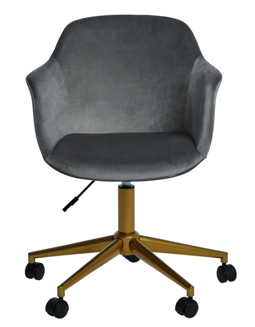 Grauer Bürostuhl mit Samtbezug und goldfarbenem Gestell, Vorderansicht