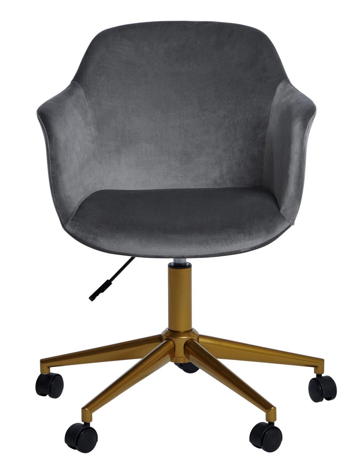 Grauer Bürostuhl mit Samtbezug und goldfarbenem Gestell, Vorderansicht