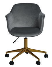 Grauer Bürostuhl mit Samtbezug und goldfarbenem Gestell, Vorderansicht