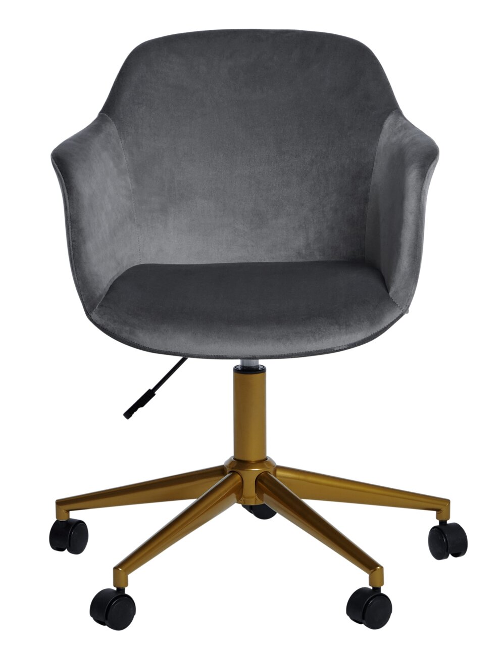 Grijze bureaustoel met fluwelen bekleding en goudkleurig frame, vooraanzicht