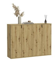 Holzkommode mit vier Türen, dekoriert mit einer Vase, Büchern und einem Duftstäbchen, seitliche Perspektive