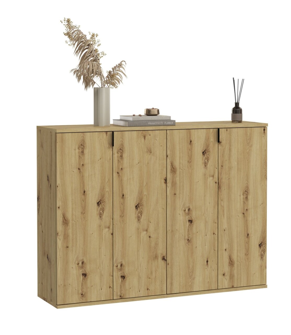 Holzkommode mit vier Türen, dekoriert mit einer Vase, Büchern und einem Duftstäbchen, seitliche Perspektive