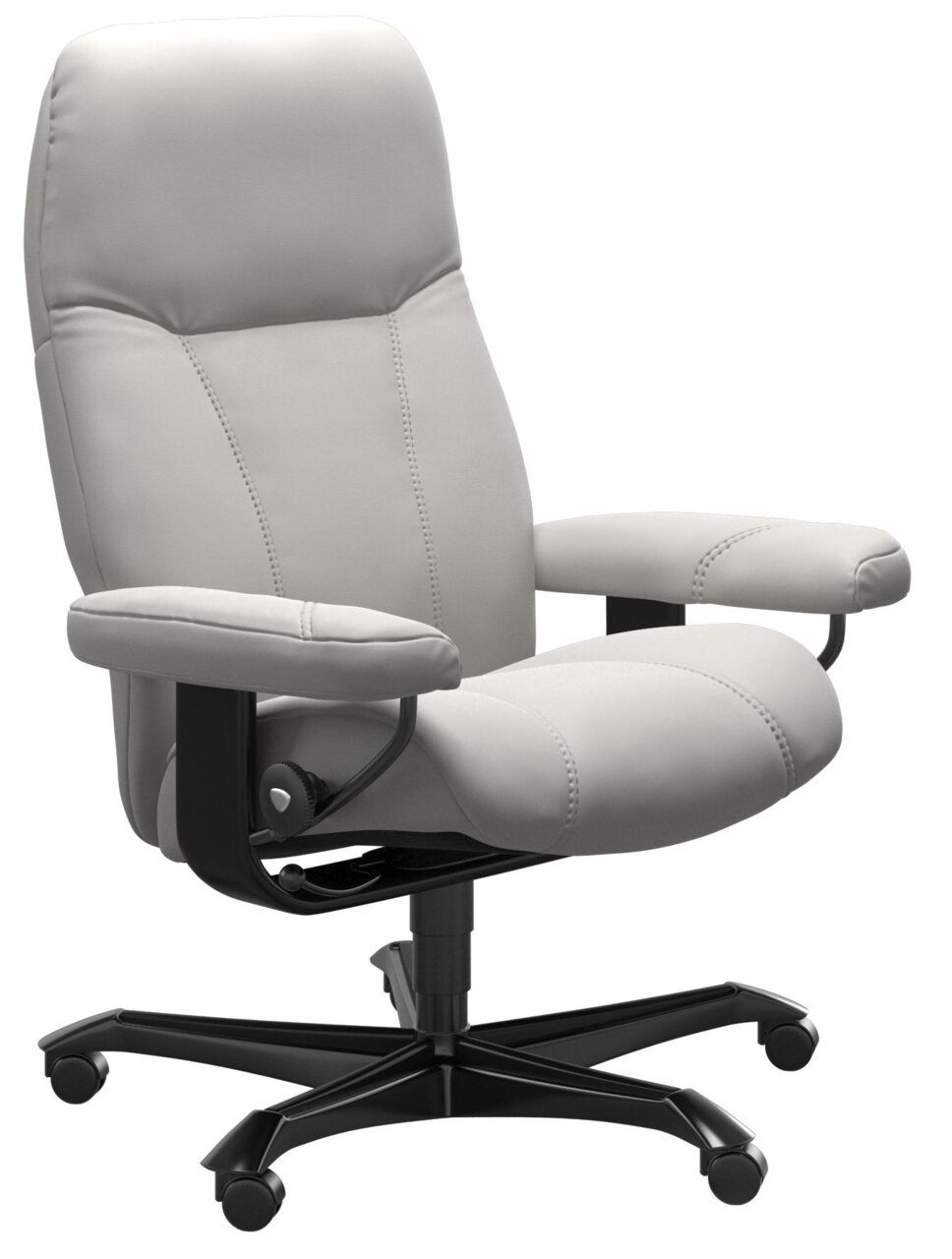 Moderner grauer Chefsessel mit Armlehnen und Rollen, seitliche Perspektive