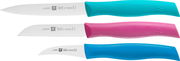 Dreiteiliges Messerset Twin Grip mit bunten Griffen in Blau und Pink, seitliche Ansicht.
