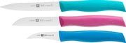 Dreiteiliges Messerset Twin Grip mit bunten Griffen in Blau und Pink, seitliche Ansicht.