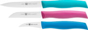 Driedelige messenset Twin Grip met kleurrijke handgrepen in blauw en roze, zijaanzicht.
