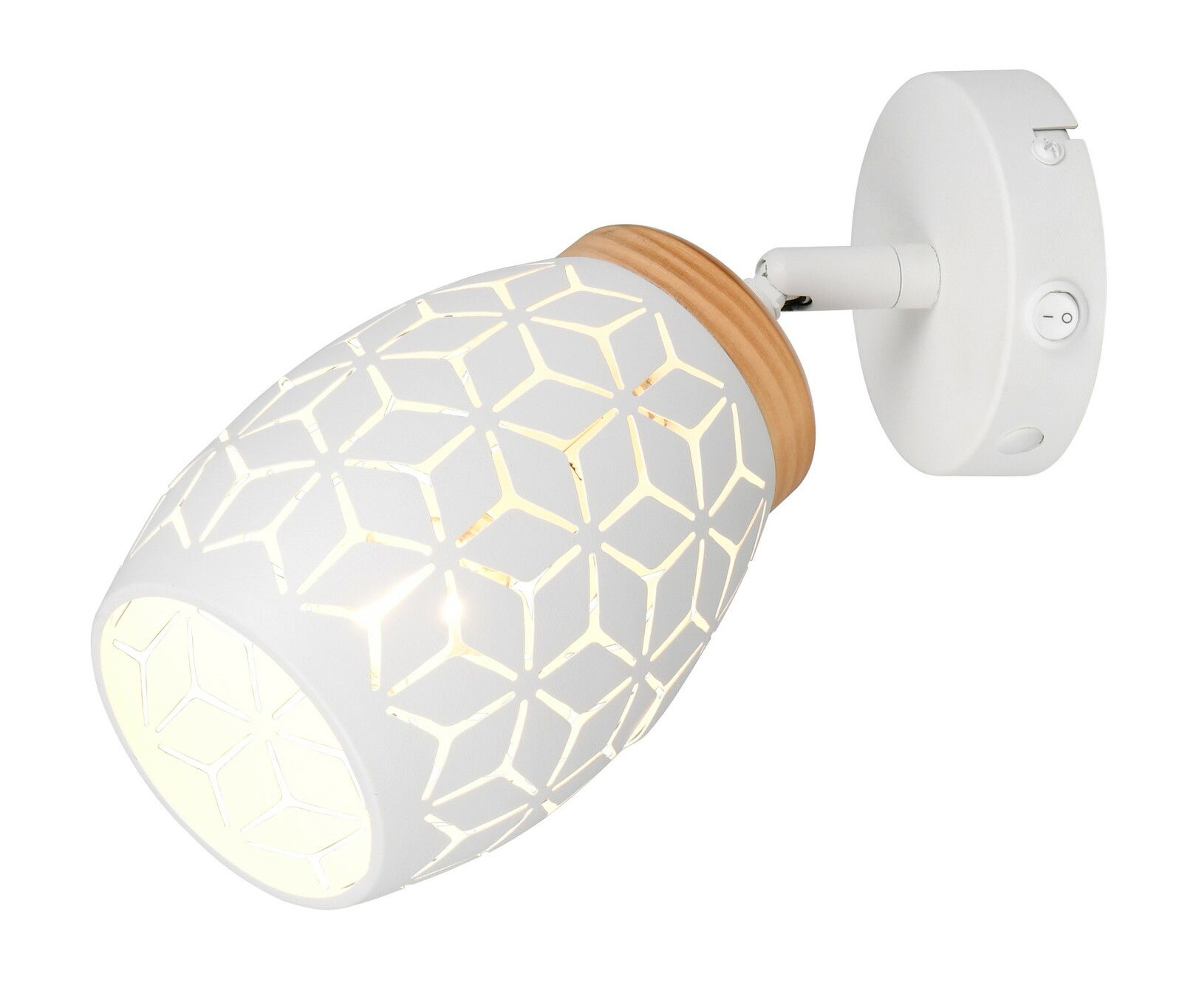 Moderner Strahler mit geometrischem Muster und Holzdetail, seitliche Perspektive