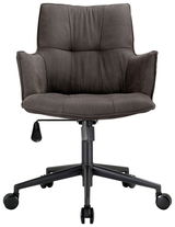 Moderner Drehsessel in dunklem Stoff, Vorderansicht mit Armlehnen und Rollen.