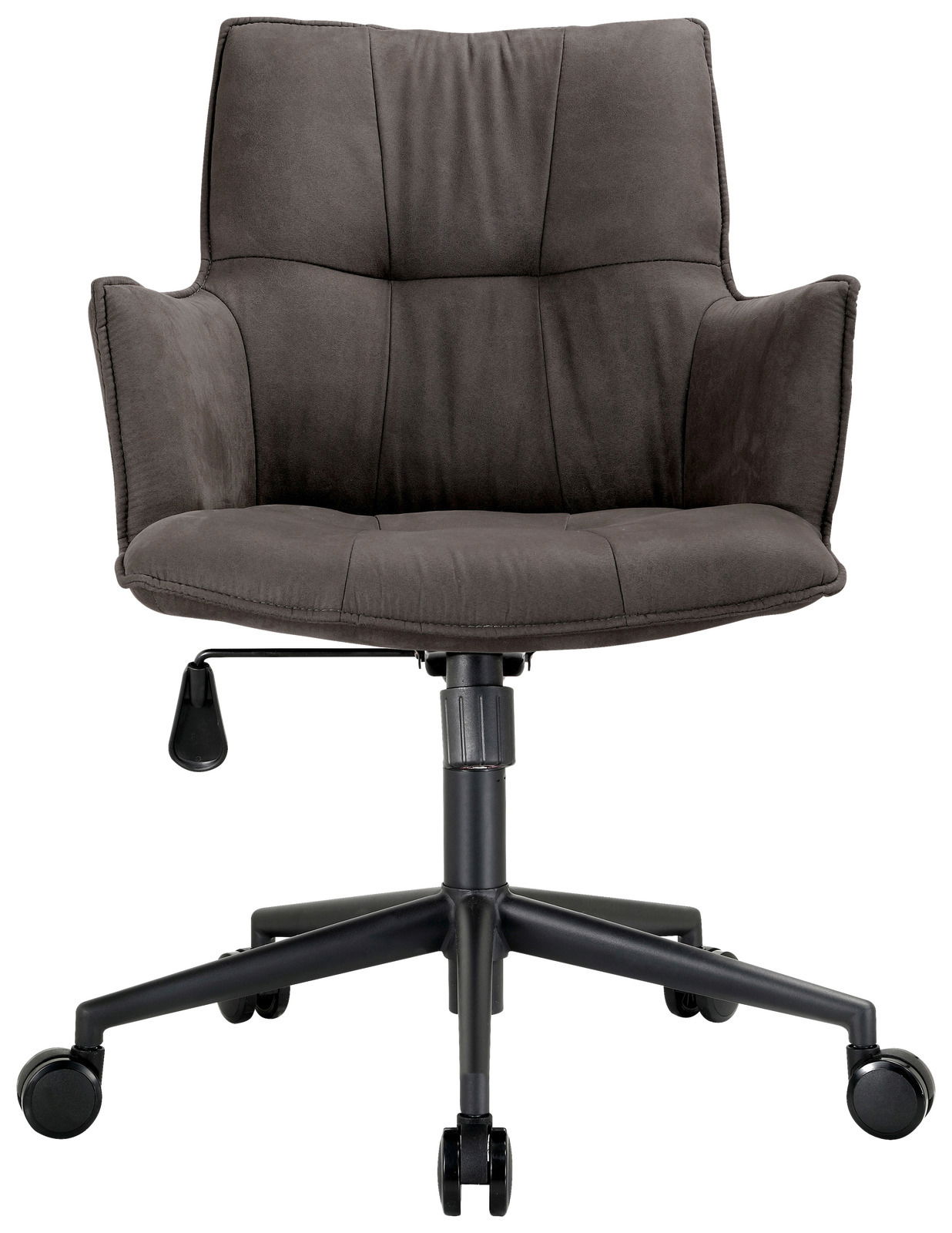 Moderner Drehsessel in dunklem Stoff, Vorderansicht mit Armlehnen und Rollen.