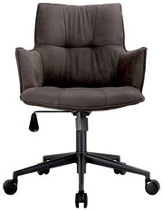 Moderner Drehsessel in dunklem Stoff, Vorderansicht mit Armlehnen und Rollen.