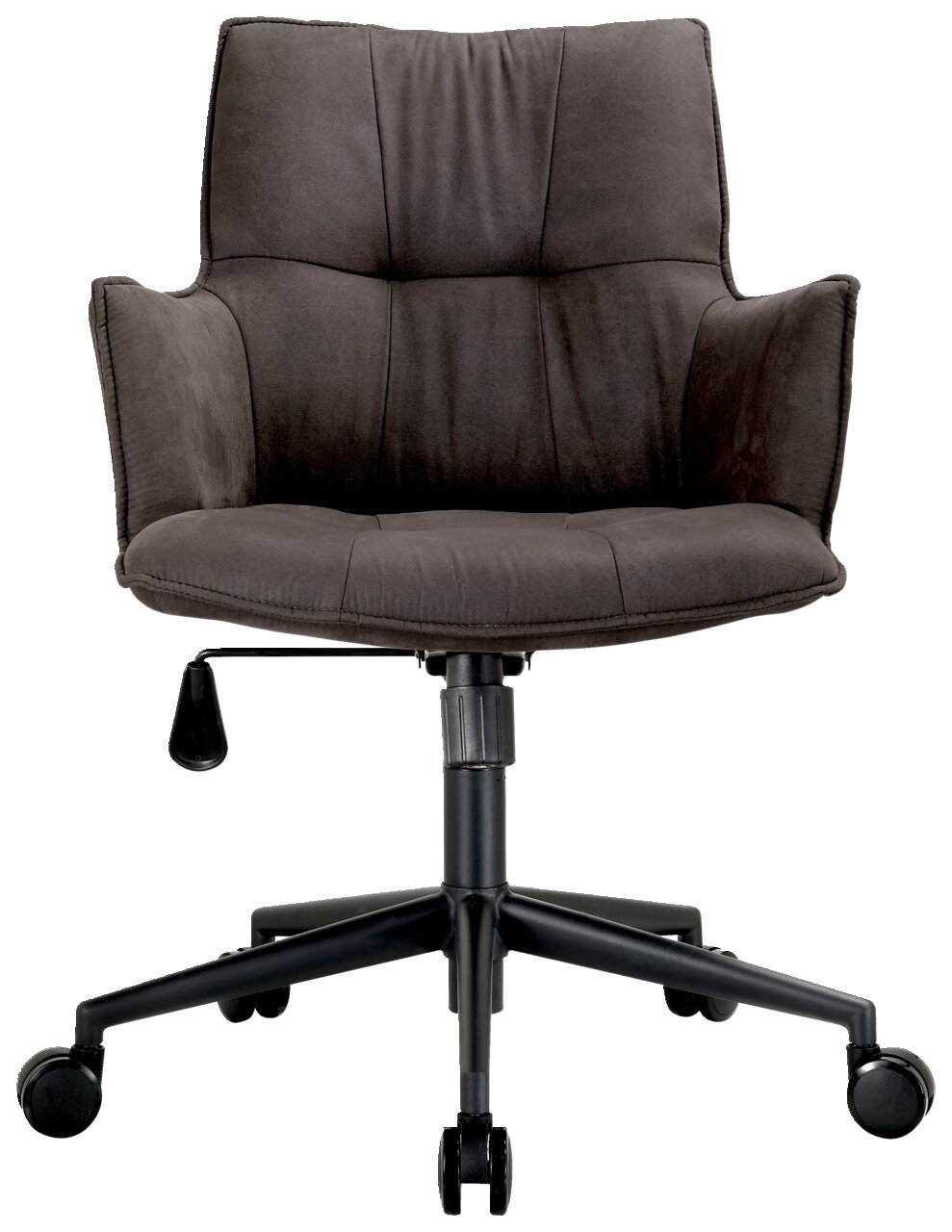 Moderner Drehsessel in dunklem Stoff, Vorderansicht mit Armlehnen und Rollen.