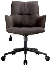 Moderner Drehsessel in dunklem Stoff, Vorderansicht mit Armlehnen und Rollen.