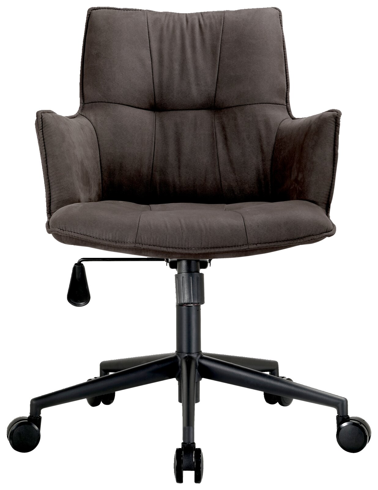 Moderner Drehsessel in dunklem Stoff, Vorderansicht mit Armlehnen und Rollen.