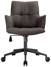 Moderner Drehsessel in dunklem Stoff, Vorderansicht mit Armlehnen und Rollen.