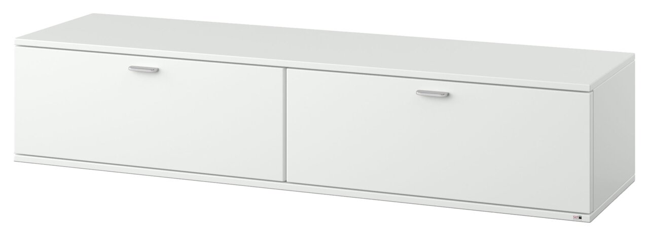 Weißes TV-Lowboard mit zwei Türen, seitliche Perspektive