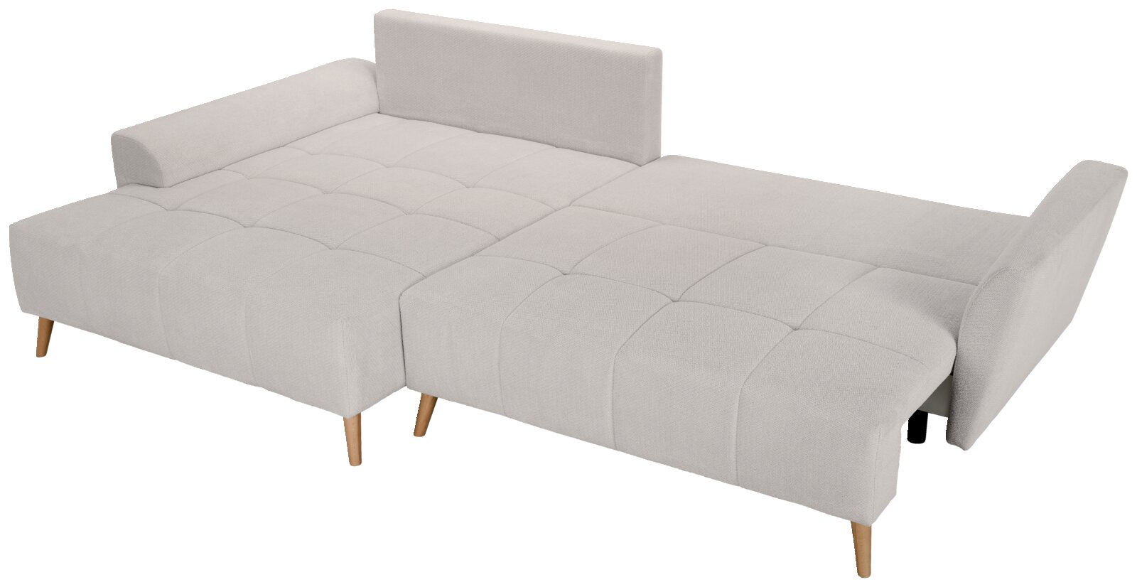 Helles, gepolstertes Schlafsofa mit Steppung, Armlehnen und Holzfüßen, in ausgeklappter Liegeposition; Ansicht schräg von vorne oben