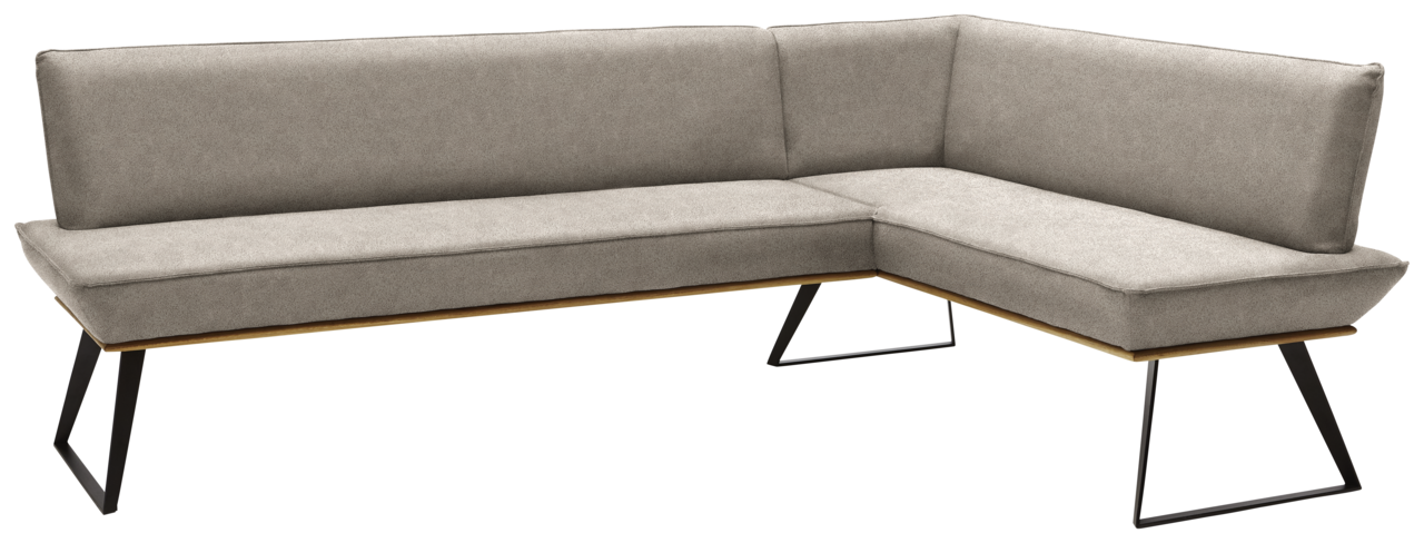 Eckbank in L-Form mit grauem Stoffbezug und schwarzen Metallbeinen, Perspektive von vorne links