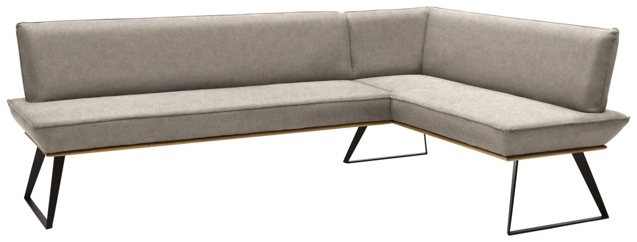 Eckbank in L-Form mit grauem Stoffbezug und schwarzen Metallbeinen, Perspektive von vorne links