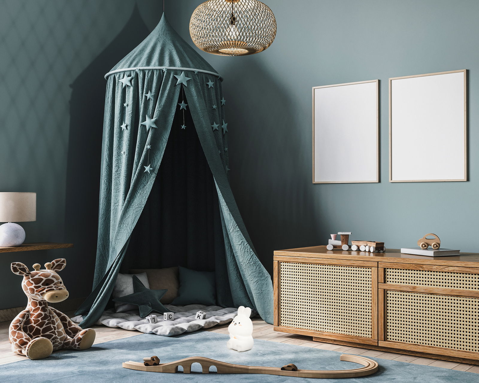 Akku-Nachtlicht in Form eines Hasen, auf einem Kinderzimmerboden stehend, umgeben von Spielzeug und einem Baldachin im Hintergrund.