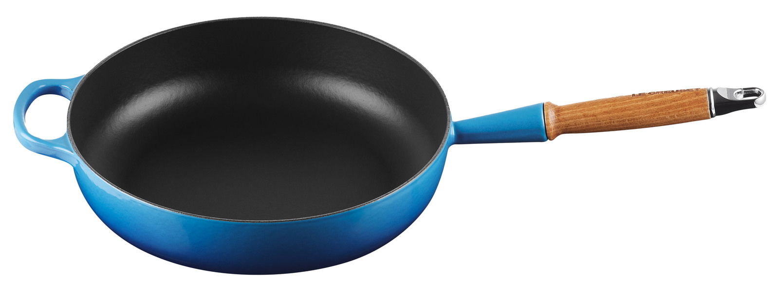 Blaue Sautepfanne mit Holzgriff, seitliche Perspektive