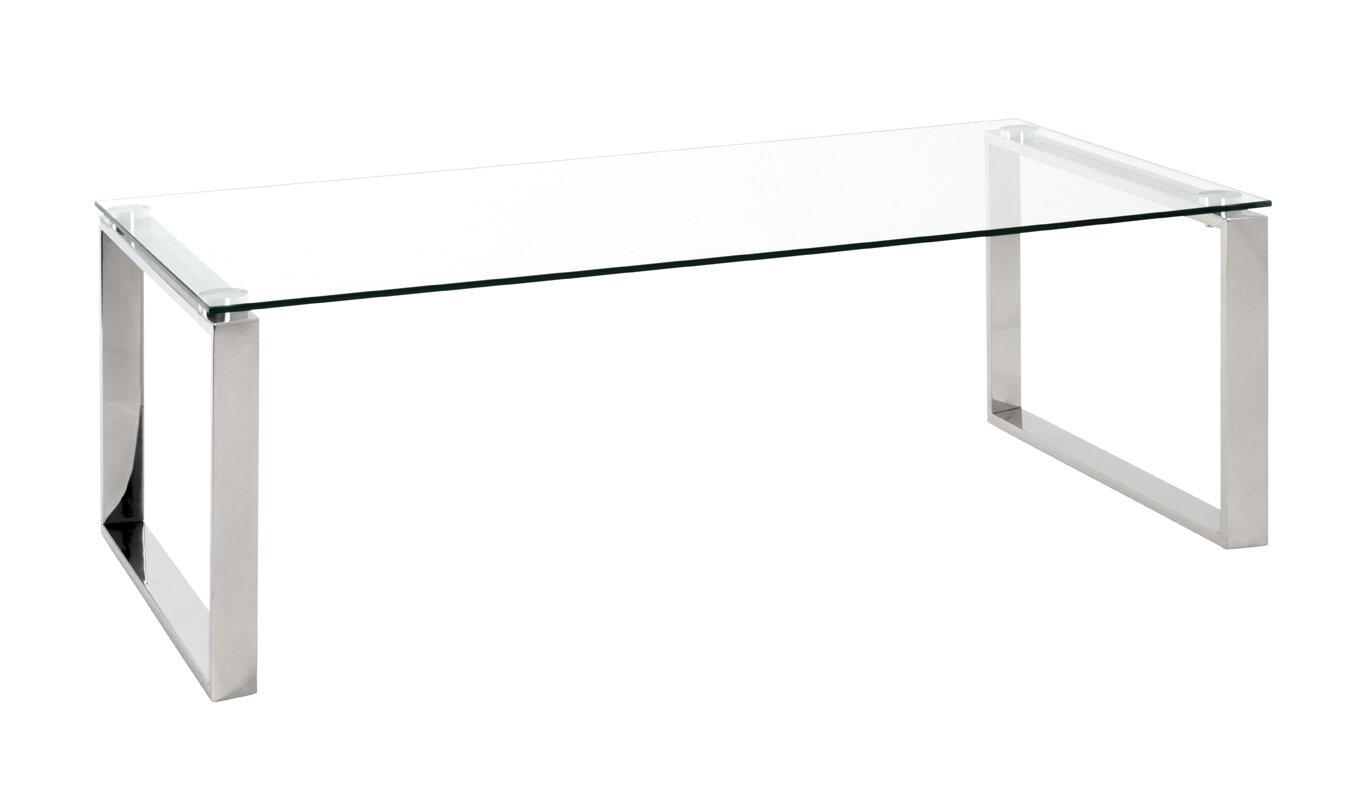 Zurbrüggen Couchtisch Moderner Couchtisch mit rechteckiger Glasplatte und verchromtem Metallgestell auf weißem Hintergrund, in leichter Schrägansicht von vorne