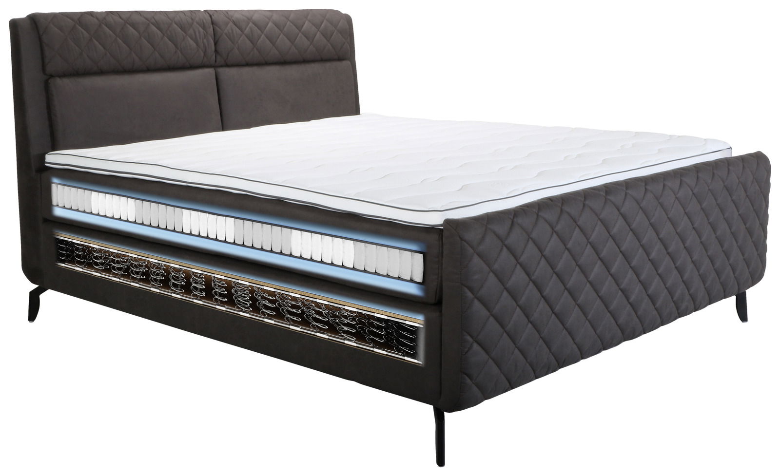 Seitliche Ansicht eines eleganten Boxspringbetts mit gestepptem Kopfteil und sichtbaren Federkernschichten.