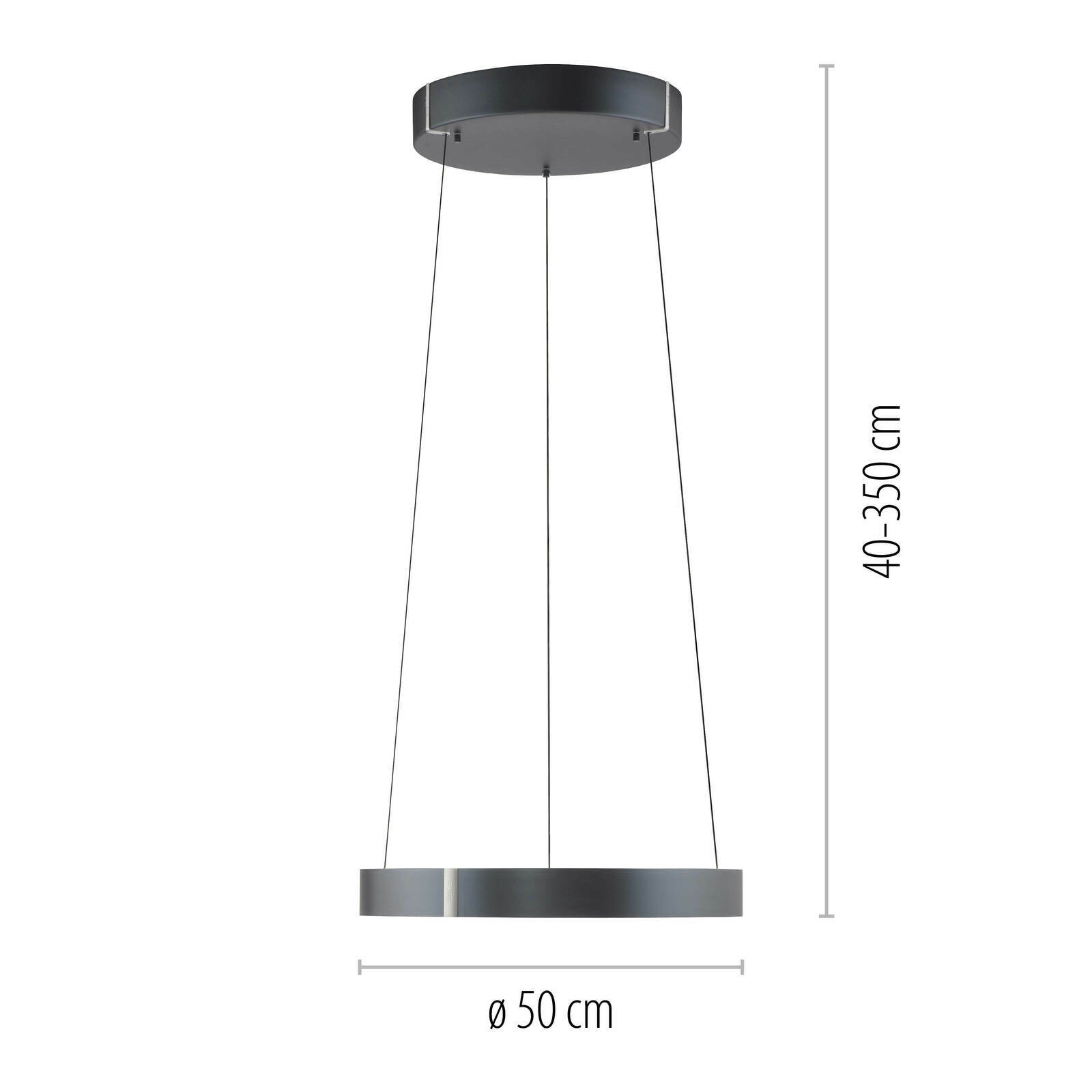 Moderne Pendelleuchte PURE E-Clipse in schwarzem Design, seitliche Perspektive, Durchmesser 50 cm, höhenverstellbar von 40 bis 350 cm.