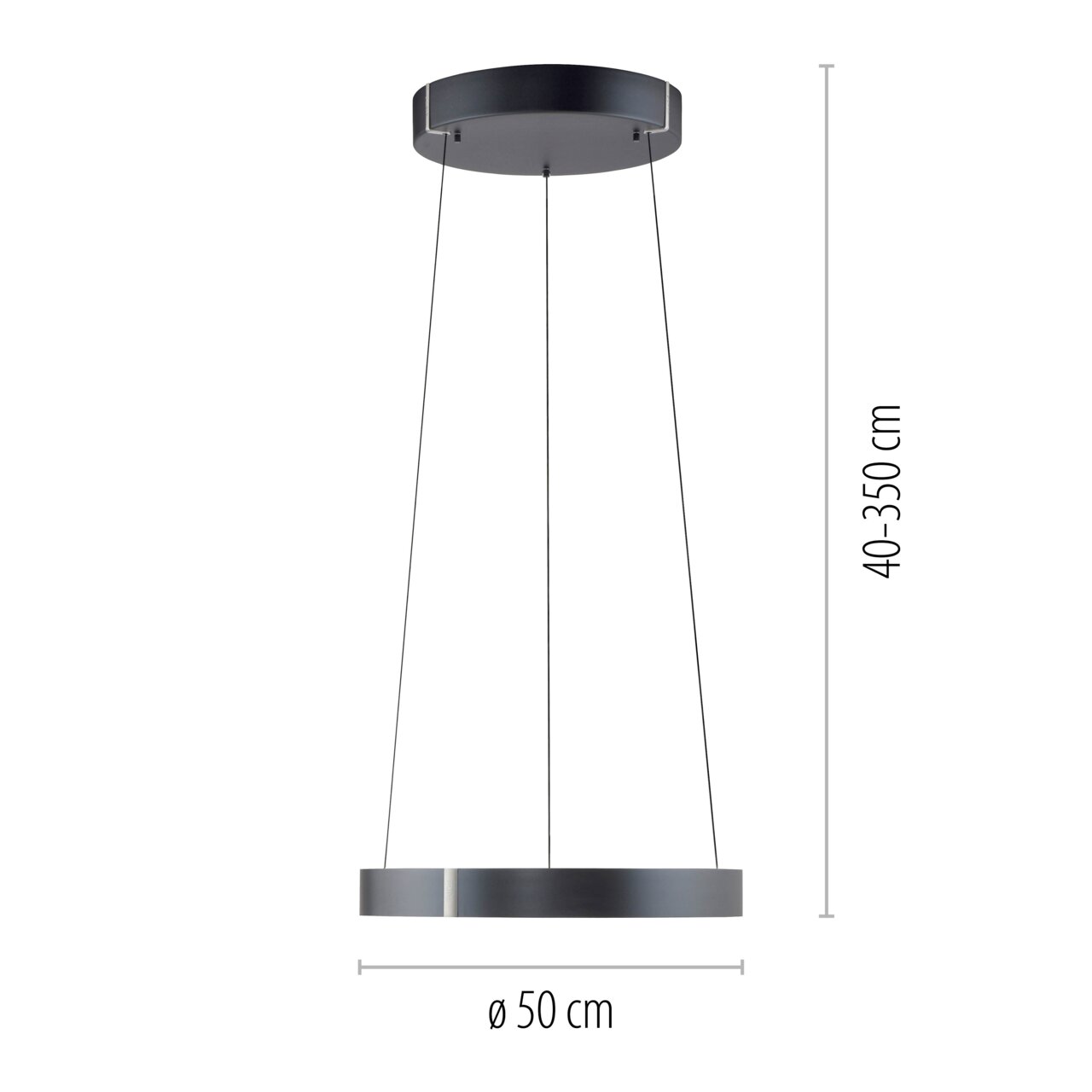 Moderne Pendelleuchte PURE E-Clipse in schwarzem Design, seitliche Perspektive, Durchmesser 50 cm, höhenverstellbar von 40 bis 350 cm.