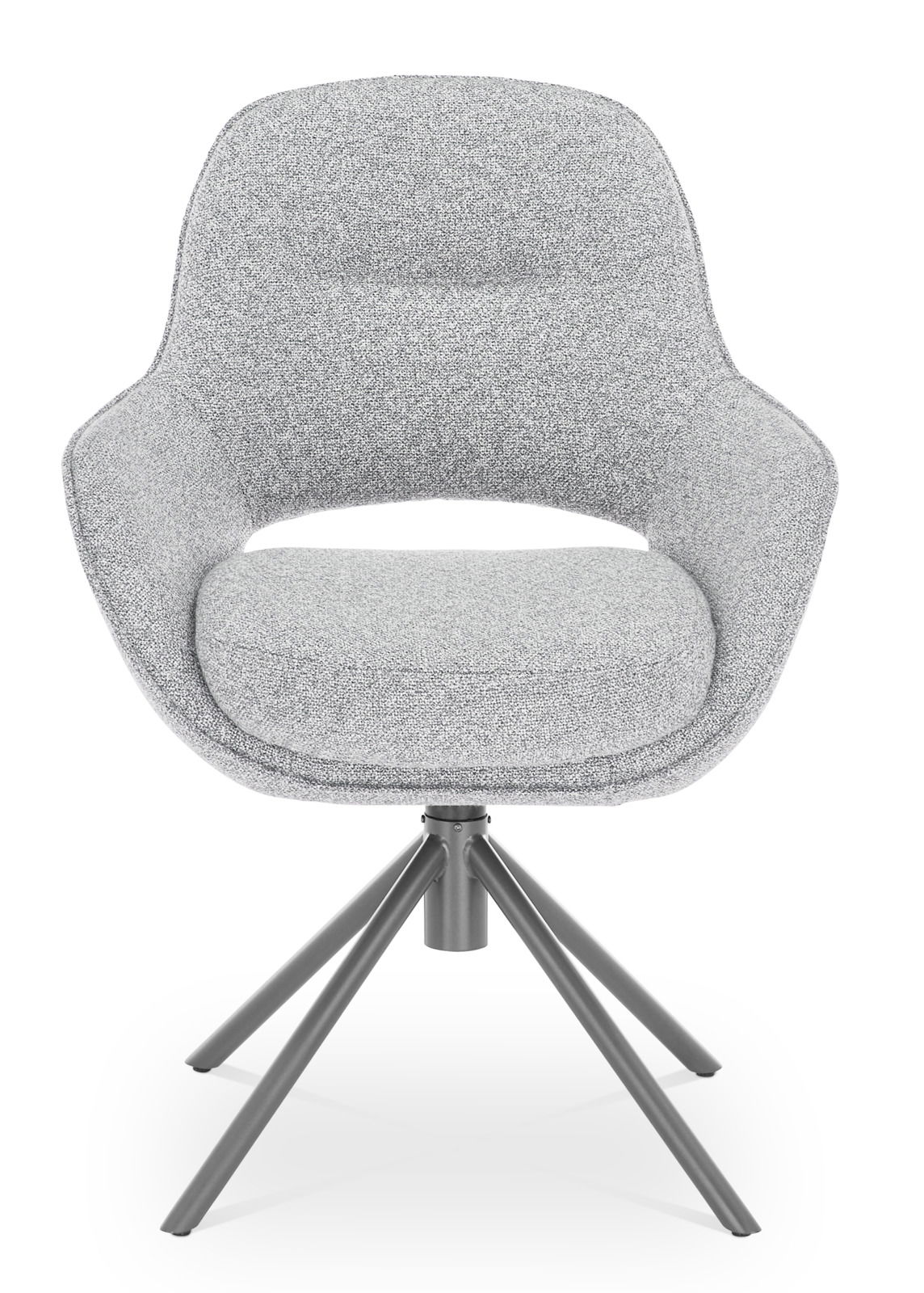Grauer Armlehnstuhl mit modernem Design, von vorne betrachtet, auf einem stabilen Metallgestell.