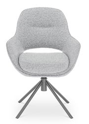 Grauer Armlehnstuhl mit modernem Design, von vorne betrachtet, auf einem stabilen Metallgestell.