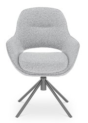 Grauer Armlehnstuhl mit modernem Design, von vorne betrachtet, auf einem stabilen Metallgestell.