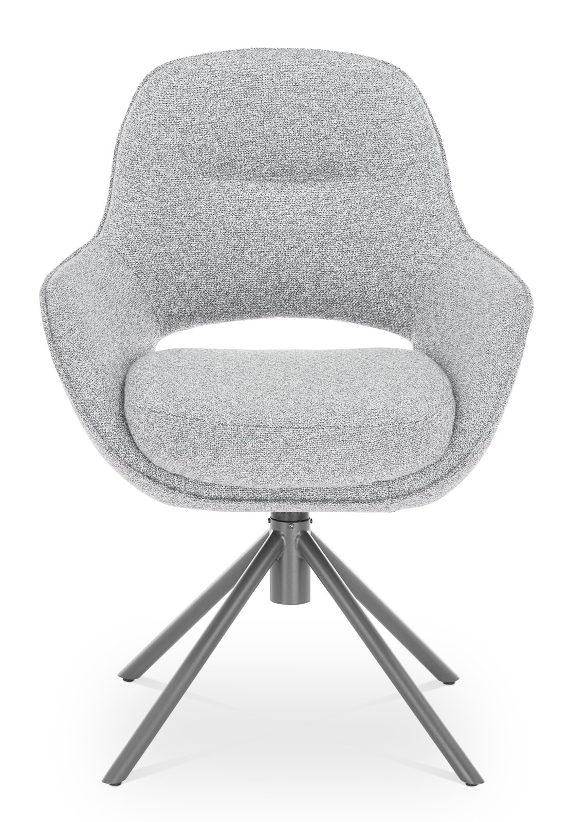 Grauer Armlehnstuhl mit modernem Design, von vorne betrachtet, auf einem stabilen Metallgestell.
