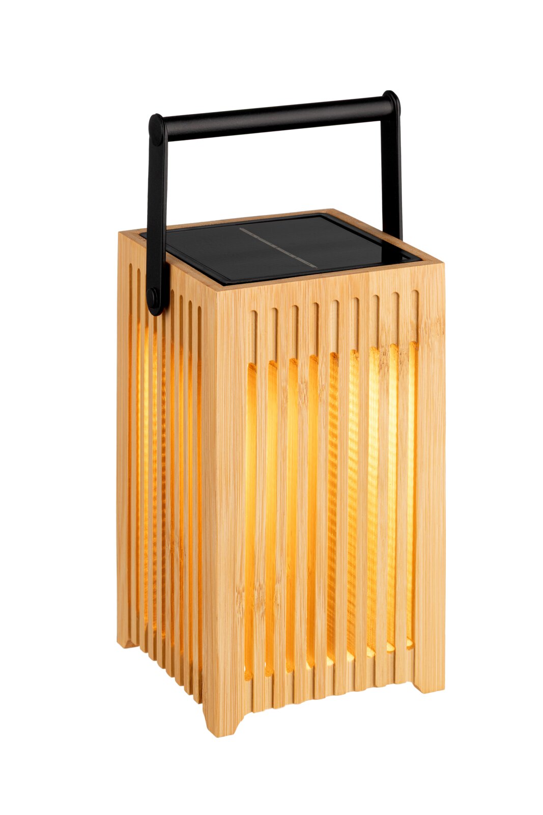 Solarbetriebene Holzlaterne mit schwarzem Griff, seitliche Perspektive