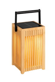 Solarbetriebene Holzlaterne mit schwarzem Griff, seitliche Perspektive