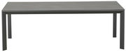Moderner rechteckiger Gartentisch aus Metall in dunkler Farbe, frontal fotografiert.