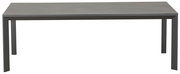 Moderner rechteckiger Gartentisch aus Metall in dunkler Farbe, frontal fotografiert.