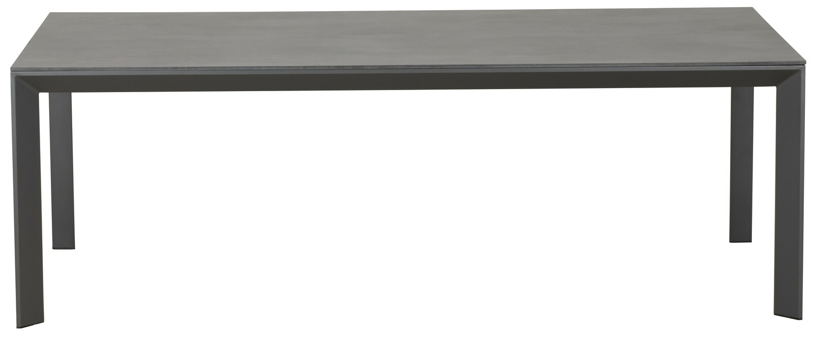 Moderner rechteckiger Gartentisch aus Metall in dunkler Farbe, frontal fotografiert.