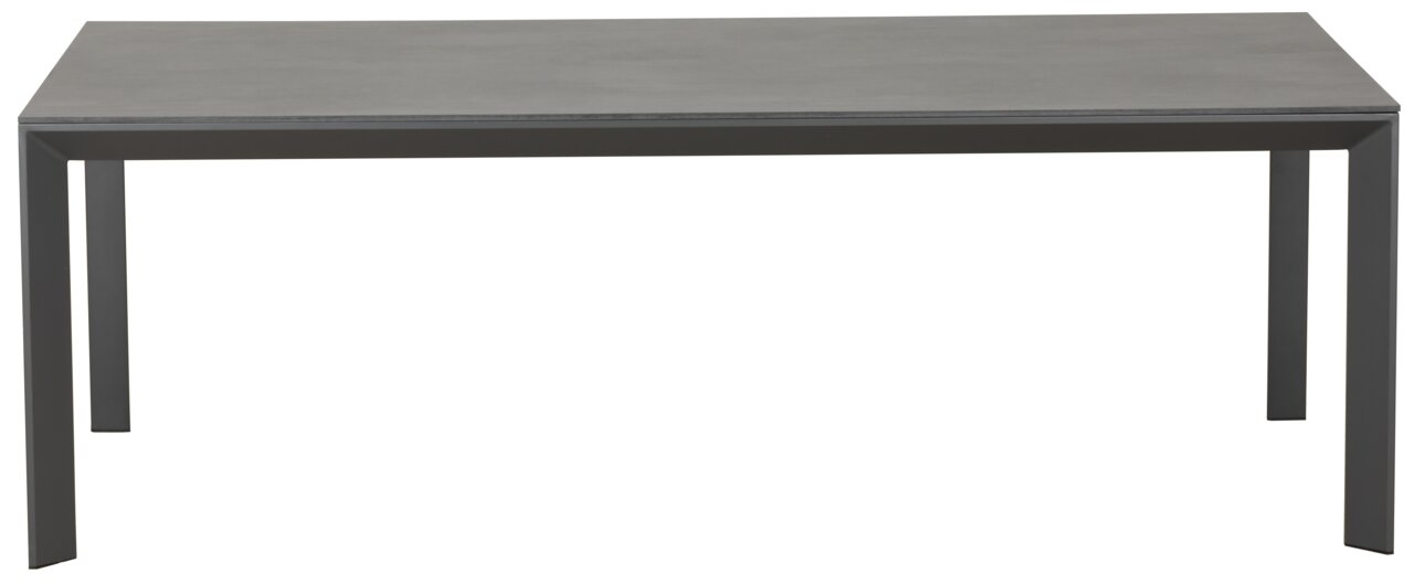 Moderne rechthoekige tuintafel van metaal in een donkere kleur, gefotografeerd van voren.