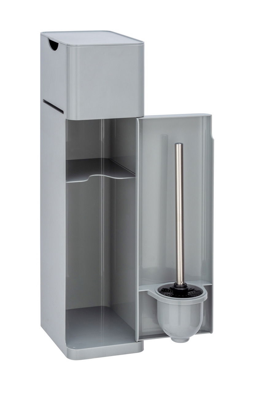 6-in-1 Stand WC-Garnitur Imon in seitlicher Perspektive mit geöffneter Tür, die eine WC-Bürste zeigt.