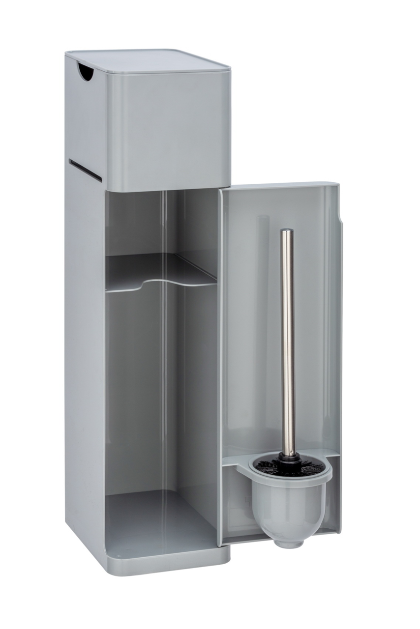 6-in-1 Stand WC-Garnitur Imon in seitlicher Perspektive mit geöffneter Tür, die eine WC-Bürste zeigt.