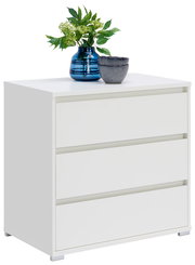 Weiße Kommode mit drei Schubladen, dekoriert mit einer blauen Vase und einer grauen Schale, seitliche Perspektive