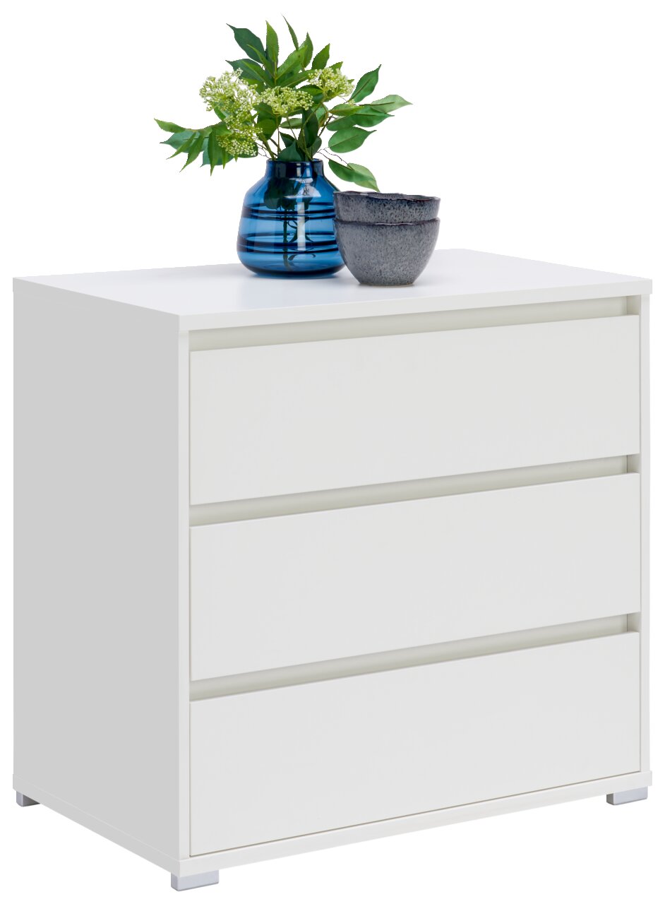 Weiße Kommode mit drei Schubladen, dekoriert mit einer blauen Vase und einer grauen Schale, seitliche Perspektive