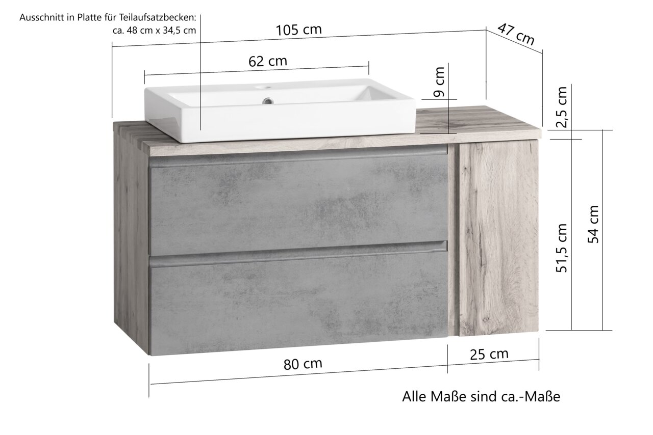 Waschtisch-Set 105 cm mit rechteckigem Waschbecken und Unterschrank in Holzoptik, Frontansicht