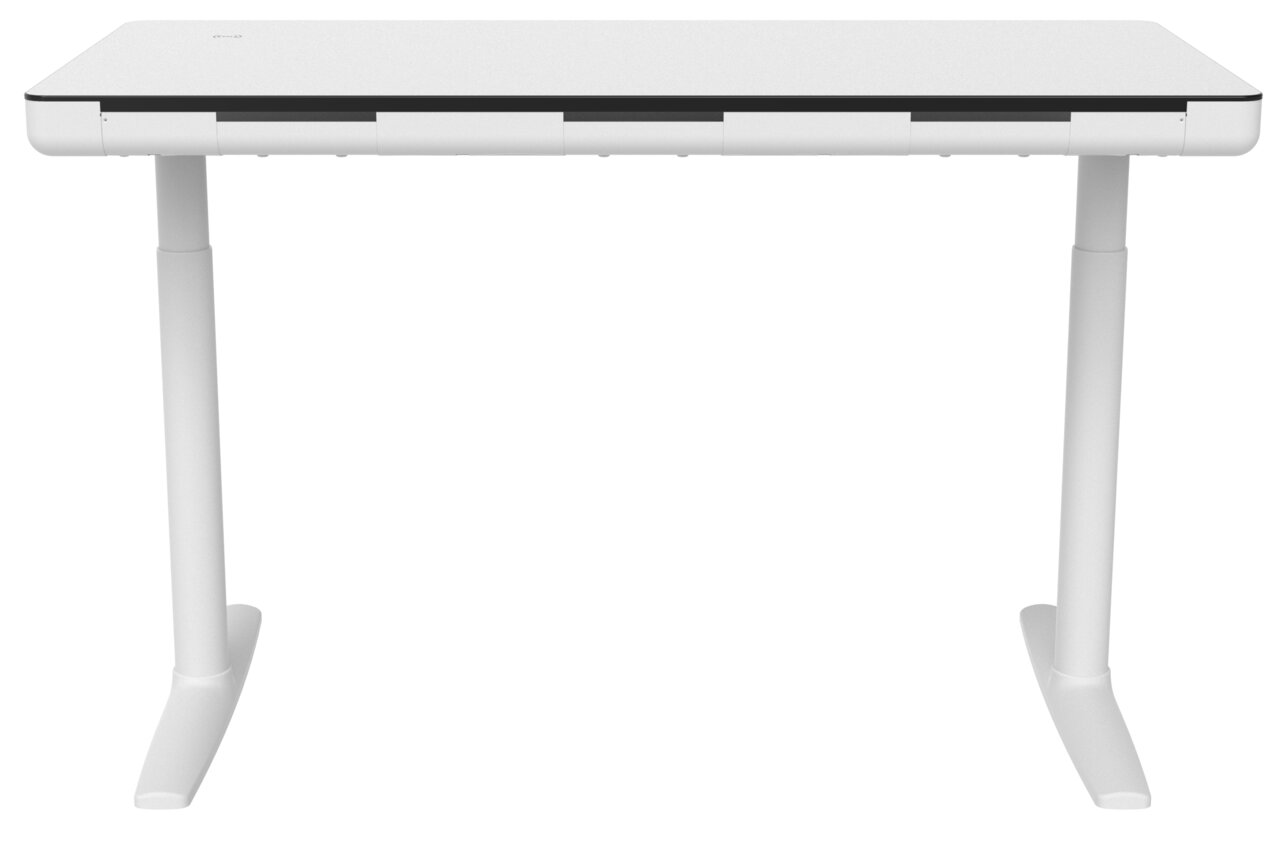 Moderner weißer E-Schreibtisch mit zwei stabilen Beinen, frontal betrachtet.