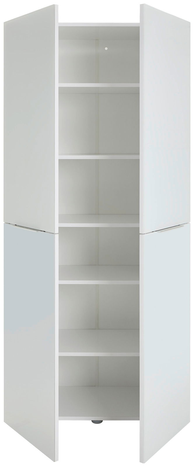 Weißer Mehrzweckschrank mit zwei geöffneten Türen und fünf Einlegeböden, Frontalansicht