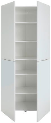 Weißer Mehrzweckschrank mit zwei geöffneten Türen und fünf Einlegeböden, Frontalansicht