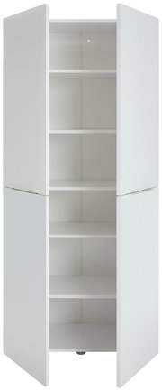 Weißer Mehrzweckschrank mit zwei geöffneten Türen und fünf Einlegeböden, Frontalansicht