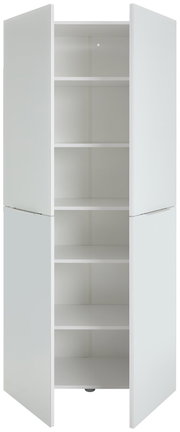 Weißer Mehrzweckschrank mit zwei geöffneten Türen und fünf Einlegeböden, Frontalansicht