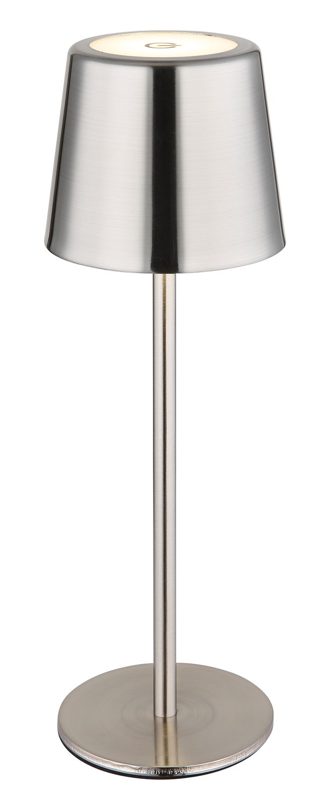 Moderne Tischleuchte aus gebürstetem Metall in Frontalansicht